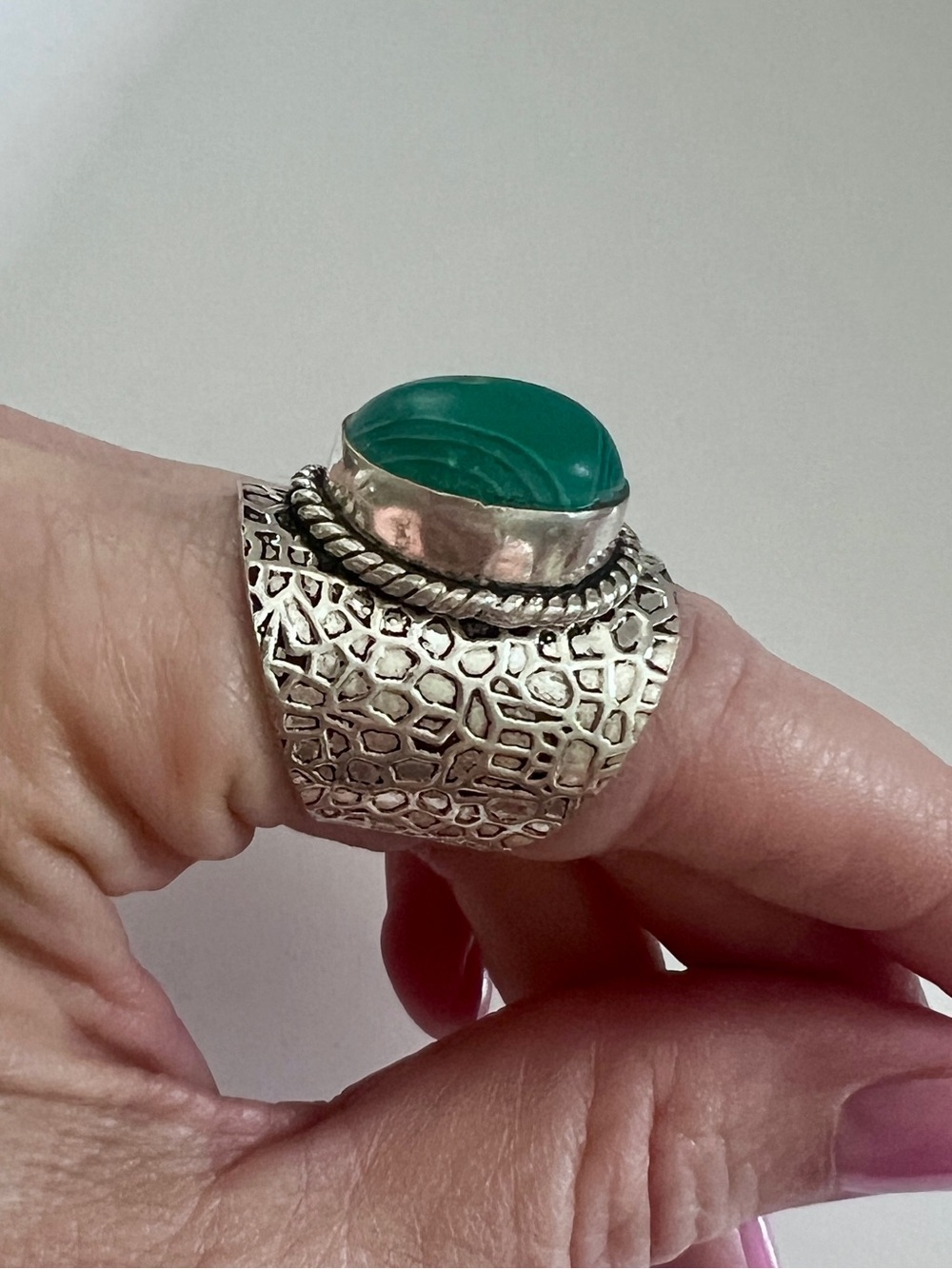 Artisan Boho Statement Ring Green Cabochon Silver Plate Sz 6 Vintage-Style - Picture 2 of 6